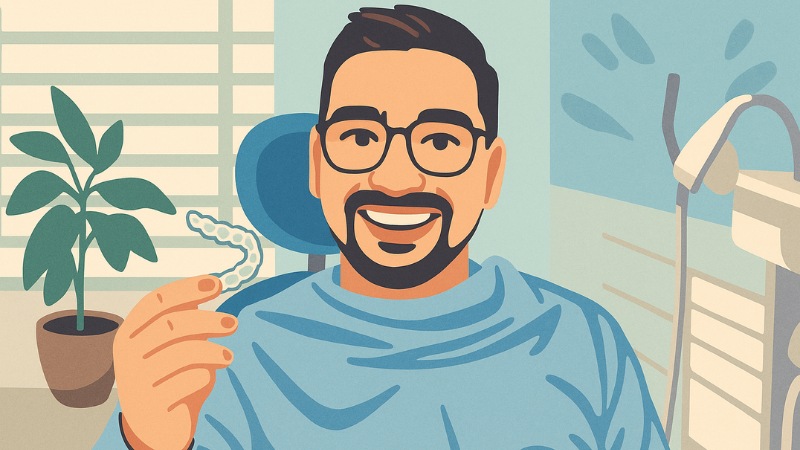 Un homme heureux d'avoir sa nouvelle gouttière dentaire