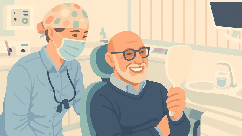 Un patient content des résultats des soins dentaires d'un cabinet