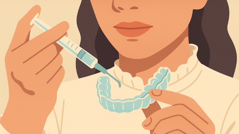 Une femme qui applique un produit de blanchiment dentaire sur sa gouttière