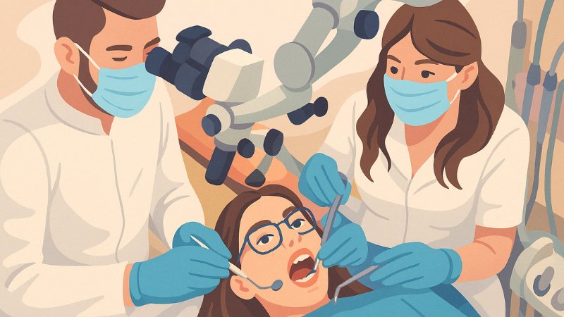 Une patiente et son dentiste pendant un traitement d'endodontie