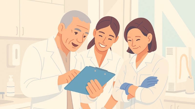 Des dentistes qui étudient les cas des patients à petit budget pour un alignement dentaire