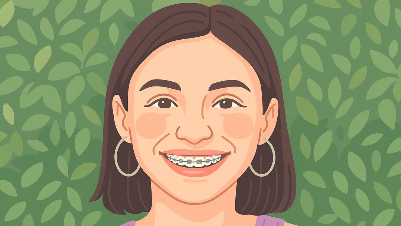 Une adolescente portant un appareil d'alignement dentaire classique