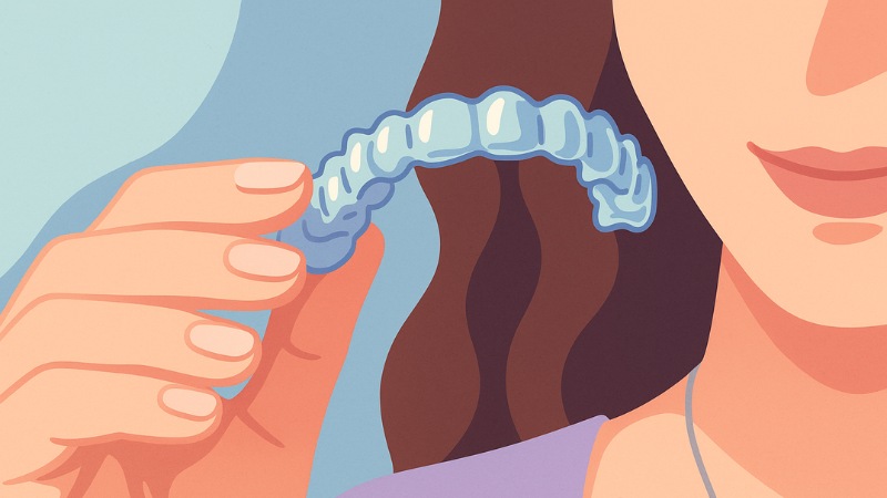 Une femme qui tient un appareil d'alignement dentaire transparent